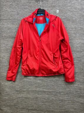 ASICS Jacket Womens Large Red Hooded Full Zip Running Reflective LED Windbreaker